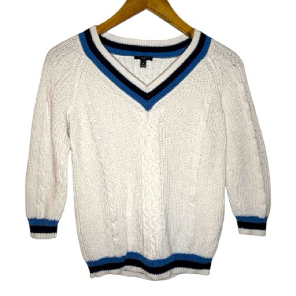 Talbots White V-Neck Sweater with Blue and Black Trim